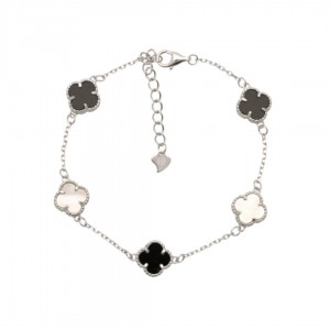 Bransoletka srebrna z masą perłową i onyksem - koniczynki