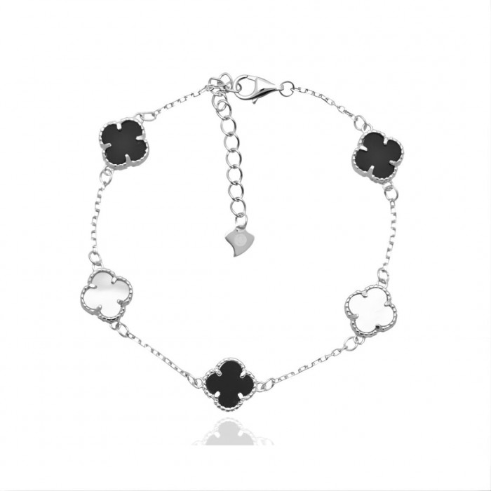 Bransoletka srebrna z masą perłową i onyksem - koniczynki