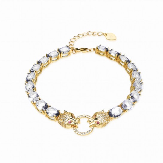 Bransoletka srebrna pozłacana z dużymi cyrkoniami - dwie pantery