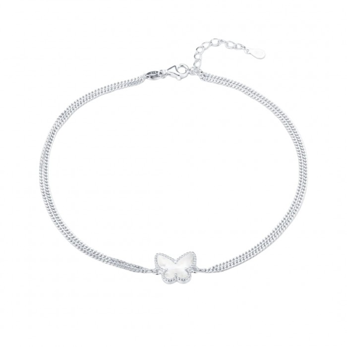 Bransoletka srebrna na nogę z masą perłową - motylek