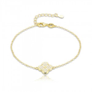Bransoletka srebrna pozłacana - koniczynka zdobiona cyrkoniami
