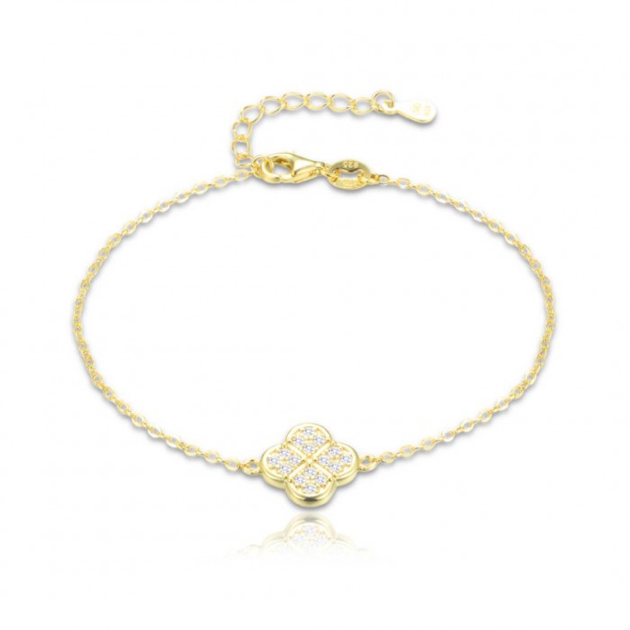 Bransoletka srebrna pozłacana - koniczynka zdobiona cyrkoniami