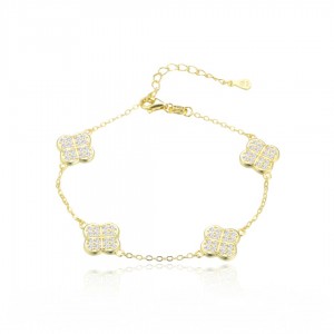 Bransoletka srebrna pozłacana - koniczyny zdobione cyrkoniami