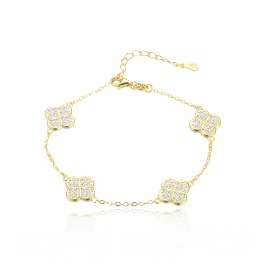 Bransoletka srebrna pozłacana - koniczyny zdobione cyrkoniami