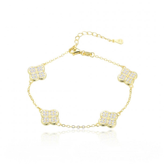 Bransoletka srebrna pozłacana - koniczyny zdobione cyrkoniami