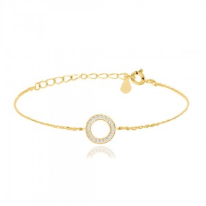 Bransoletka srebrna pozłacana - okrągła zawieszka z cyrkoniami