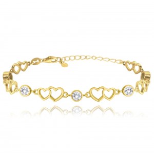 Bransoletka srebrna pozłacana - splecione serca z cyrkoniami