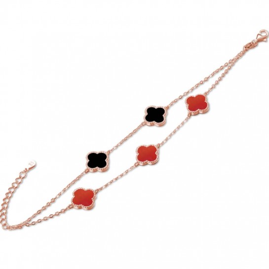 Bransoletka srebrna rose gold z agatem i onyksem - koniczyny