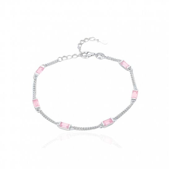 Bransoletka srebrna z prostokątnymi różowymi cyrkoniami