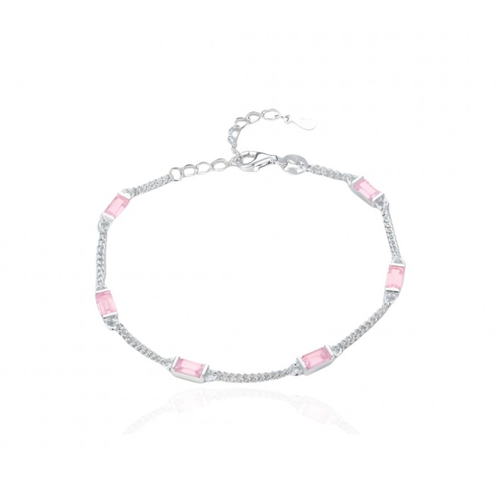 Bransoletka srebrna z prostokątnymi różowymi cyrkoniami