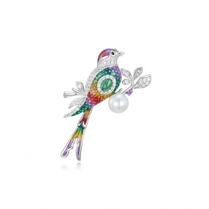 Broszka srebrna z perłą i cyrkoniami - kolorowy ptak