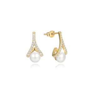 Kolczyki srebrne wkrętki pozłacane - ażurowe krople z perłami