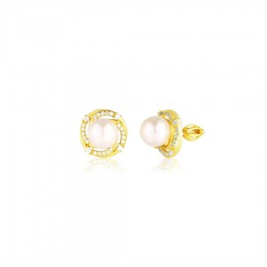 Kolczyki pozłacane zakręcane - perła w obręczy zdobionej cyrkoniami