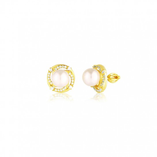 Kolczyki pozłacane zakręcane - perła w obręczy zdobionej cyrkoniami