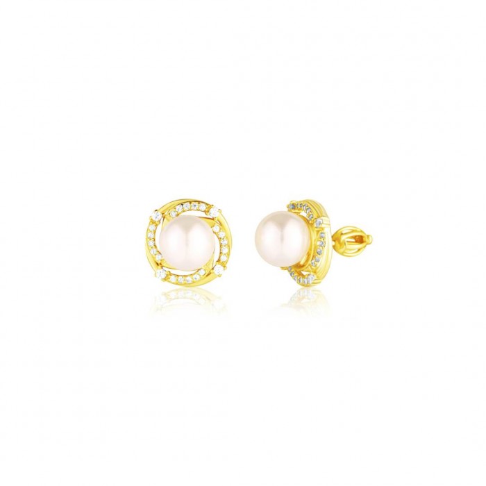 Kolczyki pozłacane zakręcane - perła w obręczy zdobionej cyrkoniami