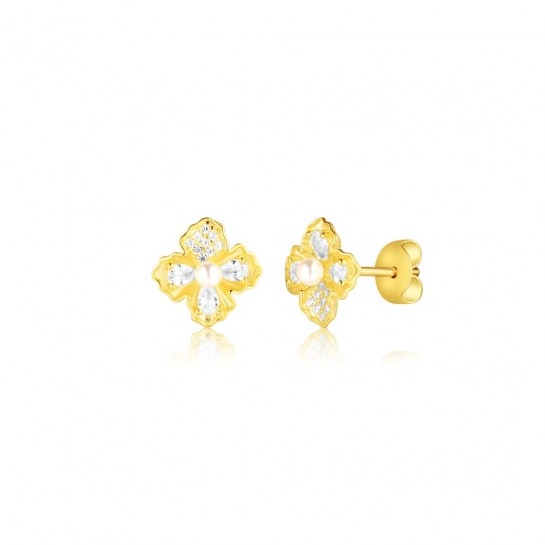 Kolczyki srebrne 925 pozłacane sztyfty - kwiaty z perłami i cyrkoniami