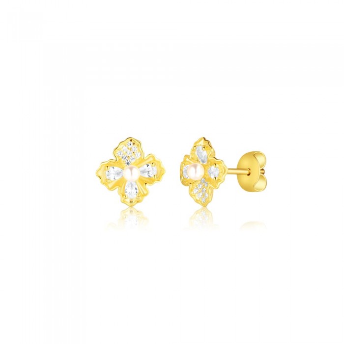 Kolczyki srebrne 925 pozłacane sztyfty - kwiaty z perłami i cyrkoniami
