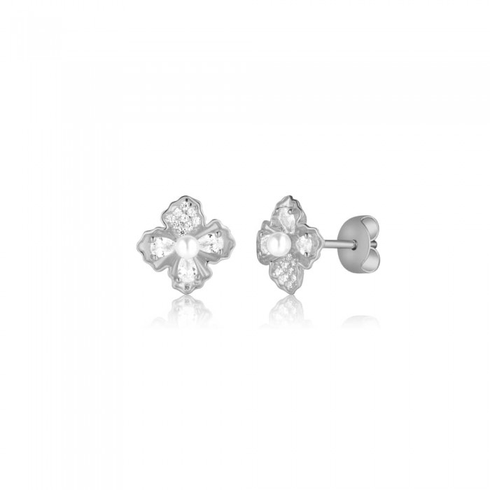 Kolczyki srebrne 925 sztyfty - kwiaty z perłami i cyrkoniami