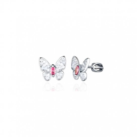 Kolczyki srebrne 925 zakręcane - motyle z różowymi cyrkoniami