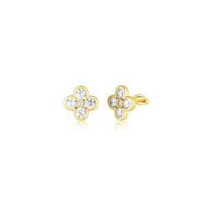 Kolczyki srebrne 925 zakręcane - pozłacane koniczyny z cyrkoniami