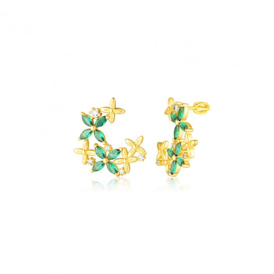 Kolczyki srebrne 925 zakręcane pozłacane - kwiaty z zielonymi cyrkoniami