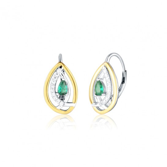 Kolczyki srebrne - dwukolorowe łezki z zielonymi cyrkoniami