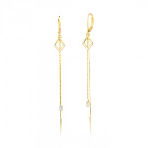 Kolczyki srebrne pozłacane 925 - ruchome romby z wiszącymi łańcuszkami
