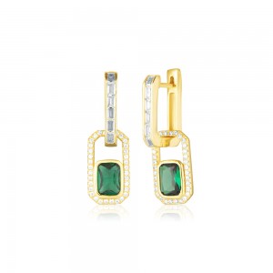 Kolczyki srebrne pozłacane - dwa ogniwa z zielonymi cyrkoniami