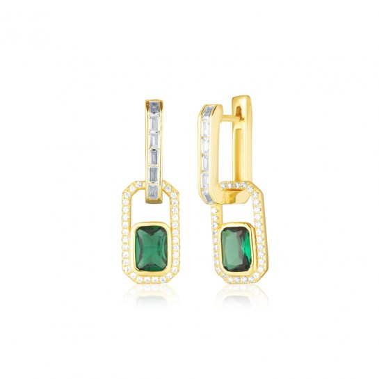 Kolczyki srebrne pozłacane - dwa ogniwa z zielonymi cyrkoniami