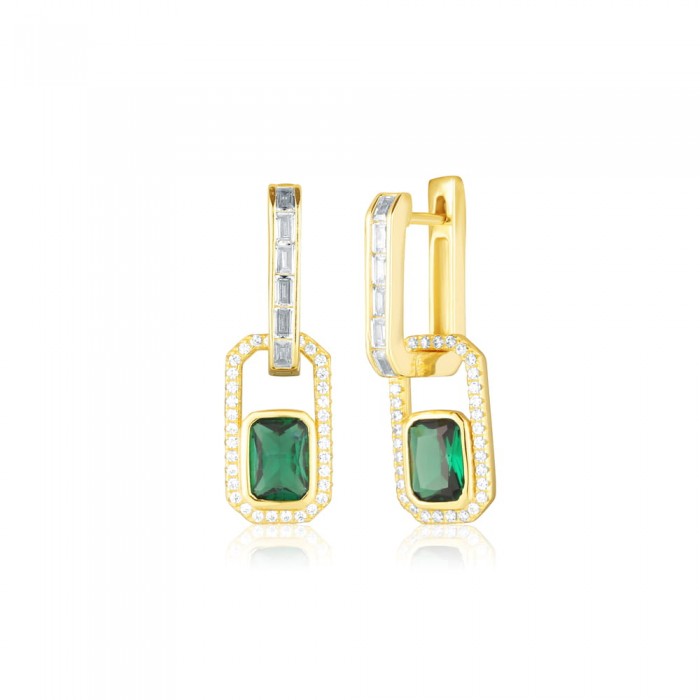 Kolczyki srebrne pozłacane - dwa ogniwa z zielonymi cyrkoniami