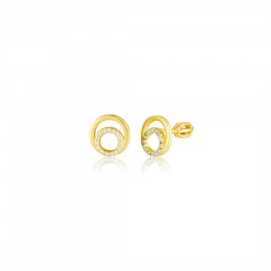 Kolczyki srebrne pozłacane - podwójne okręgi z cyrkoniami
