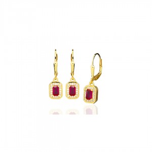 Kolczyki srebrne pozłacane - prostokątne czerwone cyrkonie na angielskim zapięciu