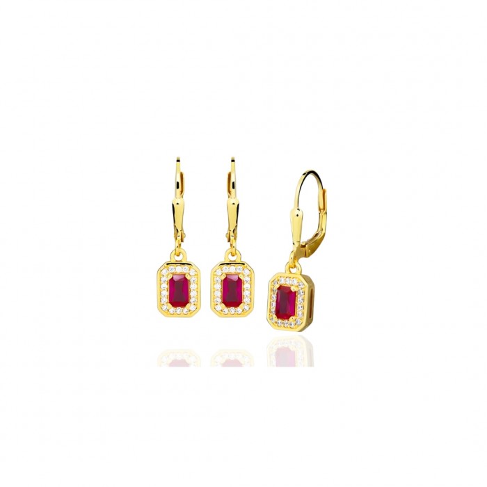Kolczyki srebrne pozłacane - prostokątne czerwone cyrkonie na angielskim zapięciu