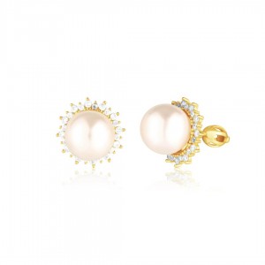 Kolczyki srebrne pozłacane zakręcane - duże perły otoczone cyrkoniami