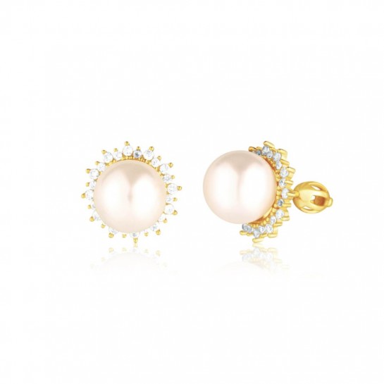 Kolczyki srebrne pozłacane zakręcane - duże perły otoczone cyrkoniami