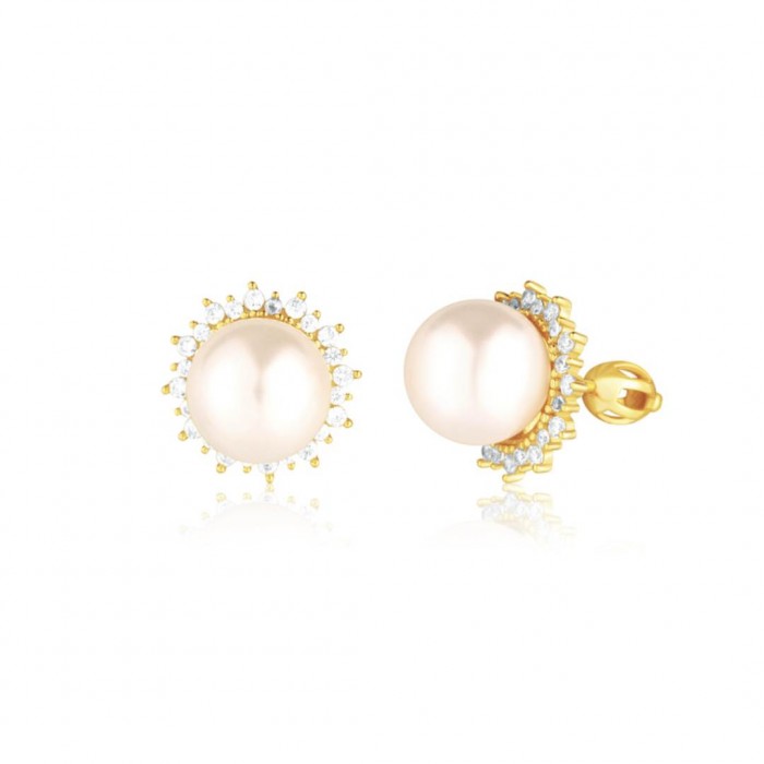 Kolczyki srebrne pozłacane zakręcane - duże perły otoczone cyrkoniami