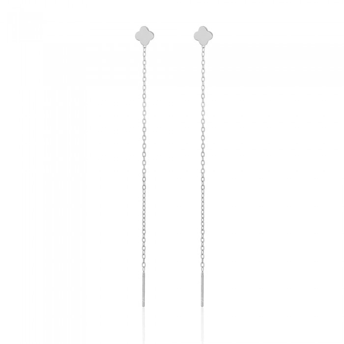 Kolczyki srebrne przewlekane - koniczynki z długimi wiszącymi łańcuszkami