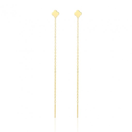 Kolczyki srebrne przewlekane -  pozłacane koniczynki z długimi wiszącymi łańcuszkami