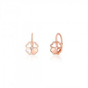 Kolczyki srebrne rose gold - czterolistna koniczynka z cyrkoniami