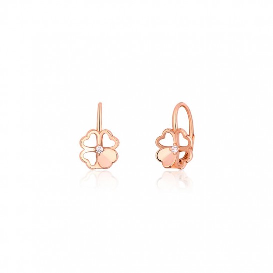 Kolczyki srebrne rose gold - czterolistna koniczynka z cyrkoniami