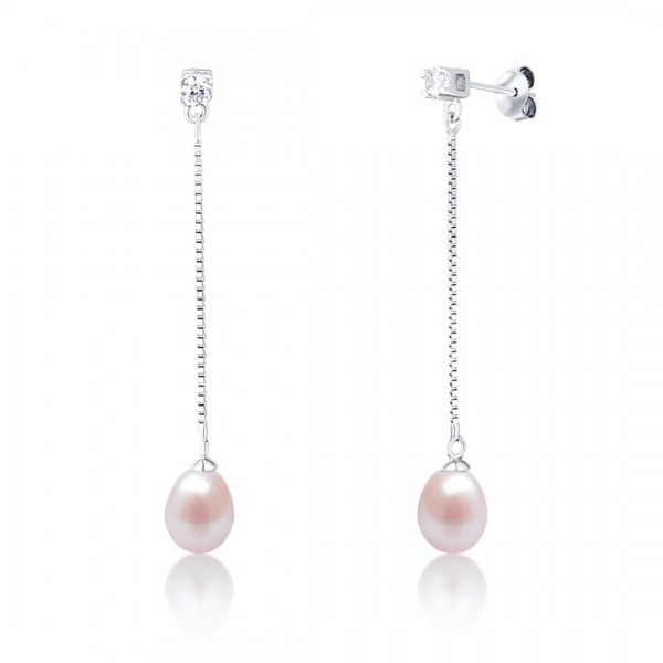 Kolczyki srebrne z cyrkoniami i wiszącymi różowymi perłami 