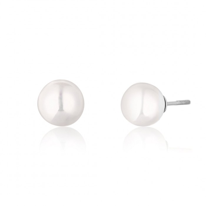 Kolczyki srebrne z silikonowymi zatyczkami - białe perły 8 mm