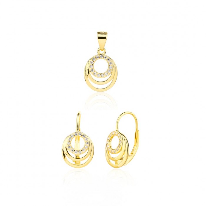 Kolczyki srebrne z zawieszką (komplet) - pozłacane okręgi z cyrkoniami