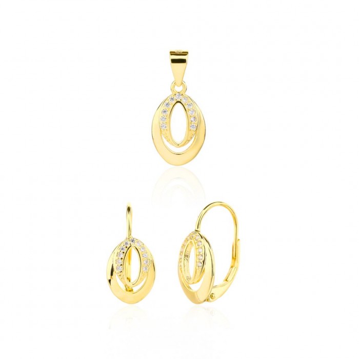 Kolczyki srebrne z zawieszką (komplet) - pozłacane owale z cyrkoniami