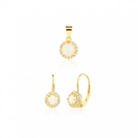 Kolczyki srebrne z zawieszką (komplet) - pozłacane z białymi opalami