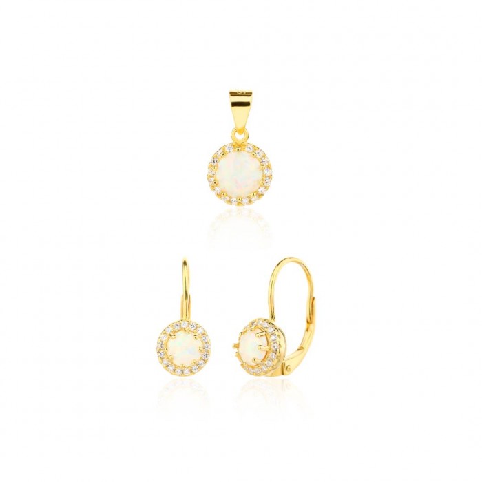 Kolczyki srebrne z zawieszką (komplet) - pozłacane z białymi opalami