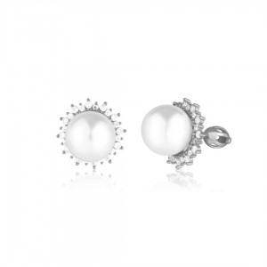 Kolczyki srebrne zakręcane - duże perły otoczone cyrkoniami