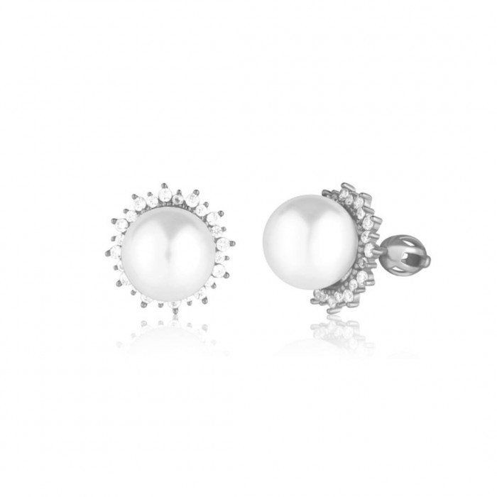 Kolczyki srebrne zakręcane - duże perły otoczone cyrkoniami Kolczyki srebrne zakręcane - duże perły otoczone cyrkoniami