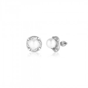 Kolczyki srebrne zakręcane - perła w obręczy zdobionej cyrkoniami