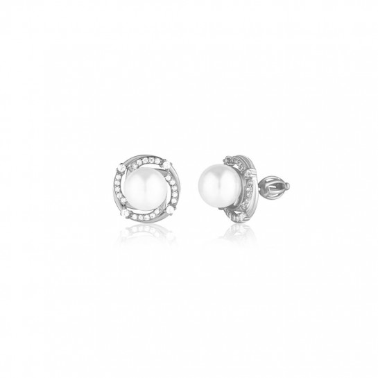Kolczyki srebrne zakręcane - perła w obręczy zdobionej cyrkoniami